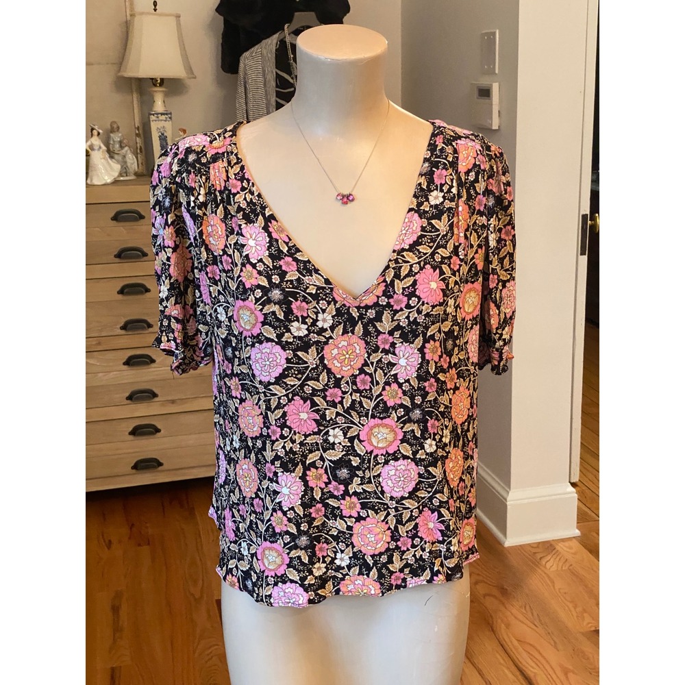 Cynthia Rowley Womens Large Pink Floral Paisley V-Neck Short Puff Sleeve Blouse